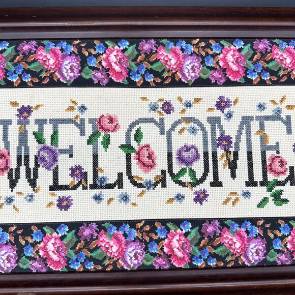 Handmade Floral Welcome Wall Hanging Framed Cross Stitch Art Granny Chic Decor - Picture 3 of 12